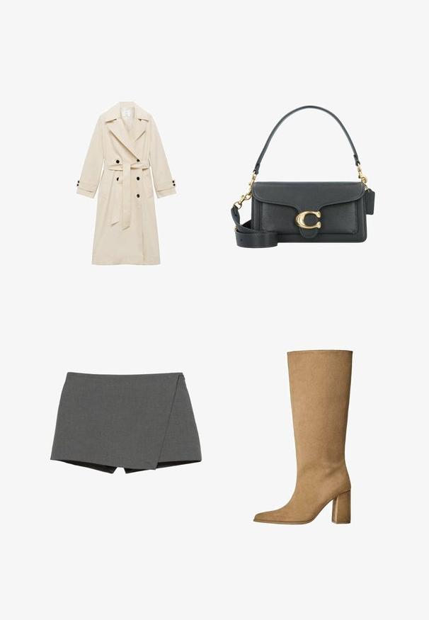 Beige trenchcoat van matte stof, dubbelzijdig met zwarte knopen, brede revers, lange mouwen, strikband en zijzakken.; Oversized witte katoenen t-shirt met korte mouwen, ronde halslijn en een gladde textuur. Geen patronen of zichtbare hardwaredetails.; Grijze wikkelstijl shorts van een gladde stof, met een diagonale snit en strakke randen. Geen zichtbare hardware of versieringen.; Tan kleurige suède laarzen tot de knie met een blokhak, voorzien van een spitse neus en een gladde textuur. Minimalistisch ontwerp zonder versieringen.; Zwarte leren handtas met een gouden hardware accent, voorzien van een kenmerkende sluiting, een afneembare schouderband en een ge textureerd oppervlak.