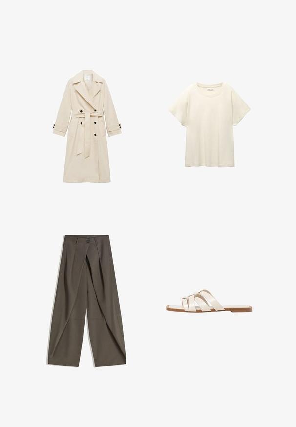 Manteau beige en tissu mat, double boutonnage avec boutons noirs, grands revers, manches longues, ceinture à nouer et poches latérales.; T-shirt beige clair à manches courtes avec un col rond, fabriqué en tissu doux et lisse. Présente une coupe décontractée et un ourlet droit.; Pantalons à jambes larges en tissu texturé gris foncé. Présente un pli avant, une fermeture par bouton et des poches latérales pour plus de praticité.; Sandales plates avec une semelle en caoutchouc beige, conçues avec trois brides en cuir blanc se chevauchant et un petit nœud au centre.
