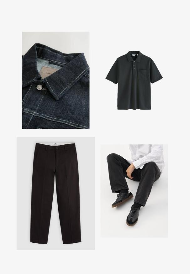 Džínová bunda v tmavě modré barvě, s špičatým límcem, stříbrným kovovým knoflíkem a kontrastním švem na předním panelu. Texturovaná tkanina.; Černé polo tričko vyrobené z bavlny, s límečkem, třemi knoflíky, krátkými rukávy a kapsou na prsou.; Černé chinos s rovnými nohavicemi, poutky na opasek, knoflíkovým zapínáním a bočními kapsami, vystavené na světle šedém pozadí.; Černé tenisky se hladkým a texturovaným svrškem, s kaučukovou podešví a tmavými šňůrkami. Skombinované s černými džínami a bílou proužkovanou košilí.