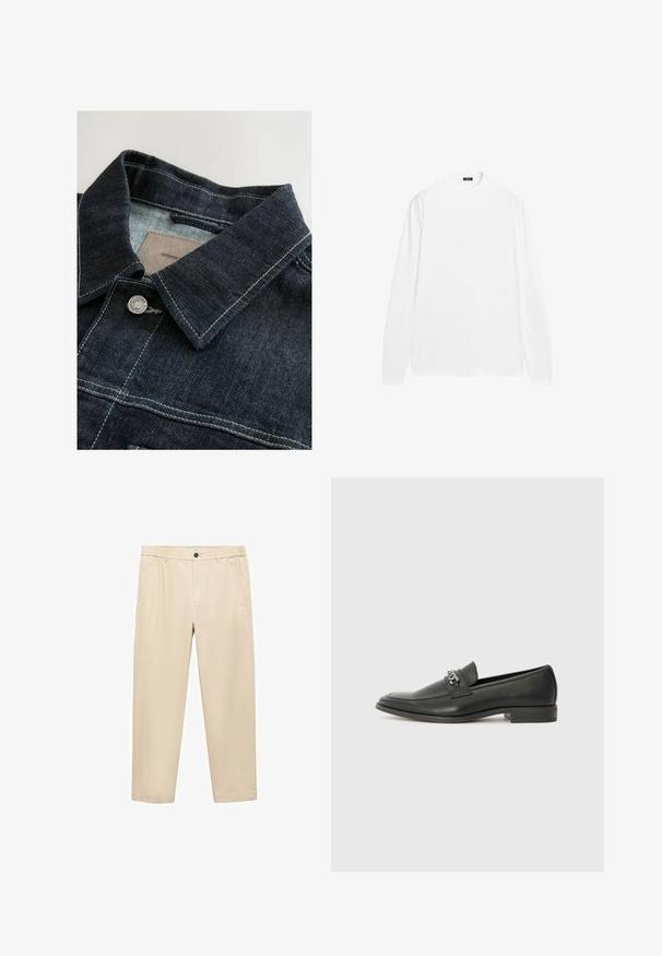 Giacca di jeans di colore blu scuro, con colletto a punta, bottone in metallo argentato e cuciture a contrasto sul pannello frontale. Tessuto testurizzato.; Camicia bianca a maniche lunghe con scollo rotondo, realizzata in tessuto di cotone liscio. Presenta polsini a costine e un orlo dritto, senza motivi visibili.; Pantaloni beige casual realizzati in un tessuto morbido; presentano una cintura elastica, tasche frontali e una vestibilità dritta.; Mocassino in pelle nera con finitura liscia, caratterizzato da un design cucito e da un accento decorativo in catena metallica sul vamp. Tacco piatto.