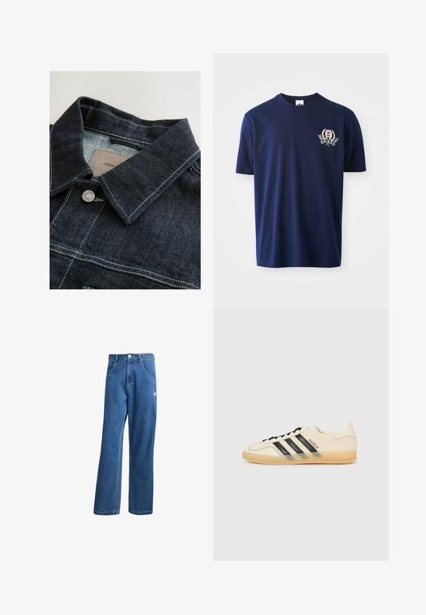 Džinsinis švarkas, pasižymintis tamsiai mėlyna spalva, smailiu apykakle, sidabriniais metaliniais mygtukais ir kontrastingais siūlais priekinėje dalyje. Tekstūruota medžiaga.; Jūros mėlynos spalvos medvilnės marškinėliai trumpomis rankovėmis, su apvaliu iškirpimu ir siuvinėtu logotipu, kuriame yra lauro akcentai kairėje krūtinės pusėje.; Mėlynos aukštu liemeniu plačios džinsinės kelnės su priekinėmis kišenėmis, diržo kilpos, sagčių uždarymu ir mažu Adidas logotipu dešinėje šlaunyje.; Šviesiai kreminiai sportbačiai su juodu trikampiu dizainu, tekstūruota viršutinė dalis, apvalus pirštas ir guminiu padu. Yra raišteliai ir ženklas šone.