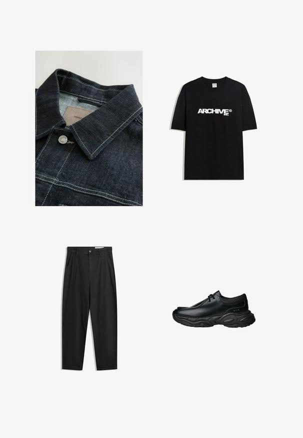 Denim jacket featuring a dark blue color, a pointed collar, silver metal button, and contrast stitching on the front panel. Textured fabric.; Black cotton T-shirt featuring a white "ARCHIVE inc." logo across the chest, short sleeves, and a crew neckline.; Black cotton trousers with a relaxed fit, featuring a classic waistband, front pleats, and side pockets. Smooth texture without patterns.; Black leather slip-on shoes with a rounded toe and thick textured rubber sole. Features subtle stitching and elastic accents at the collar.