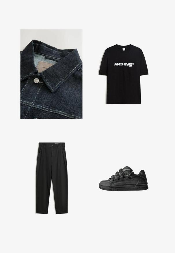 Džínová bunda v tmavě modré barvě, s špičatým límcem, stříbrným kovovým knoflíkem a kontrastním švem na předním panelu. Texturovaná tkanina.; Černé bavlněné tričko s bílým logem "ARCHIVE inc." na hrudi, krátké rukávy a kulatý výstřih.; Černé bavlněné kalhoty s uvolněným střihem, klasickým pasem, předními záhyby a bočními kapsami. Hladká textura bez vzorů.; Černé tenisky s hladkým koženým svrškem, texturovanými akcenty a kulatými černobílými tkaničkami. Silná gumová podrážka s vzorovaným dezénem.