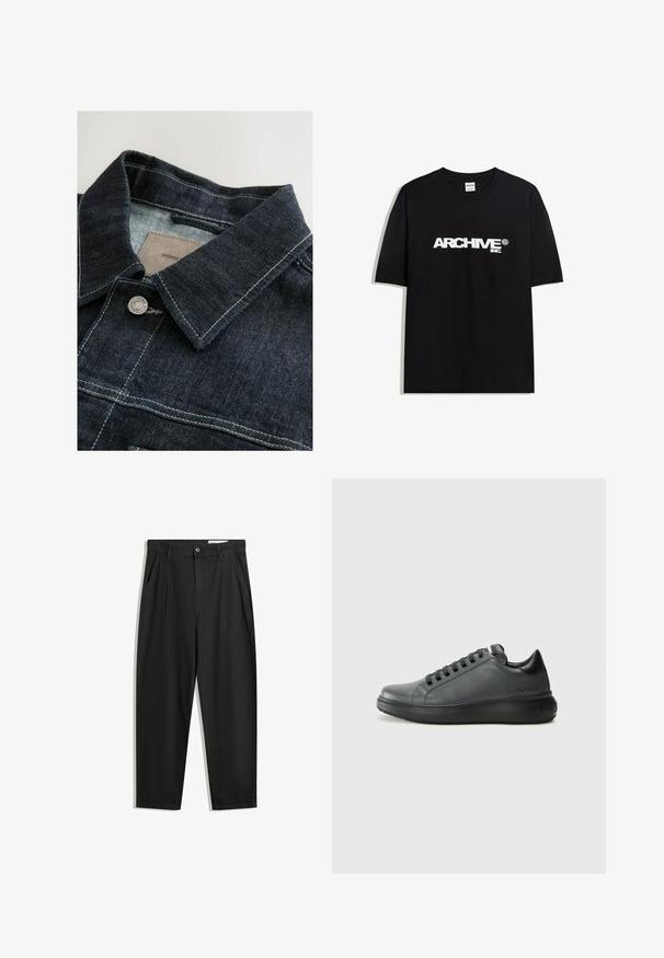 Jeansjacke in Dunkelblau mit spitzem Kragen, silberner Metallknopf und Kontrastnähten auf der Vorderseite. Strukturierter Stoff.; Schwarzes Baumwoll-T-Shirt mit einem weißen "ARCHIVE inc." Logo auf der Brust, kurzen Ärmeln und einem Rundhalsausschnitt.; Schwarze Baumwollhose mit lockerem Schnitt, ausgestattet mit einem klassischen Bund, vorderen Falten und Seiten taschen. Glatte Textur ohne Muster.; Valentino JUMP - Sneaker low - dark grey