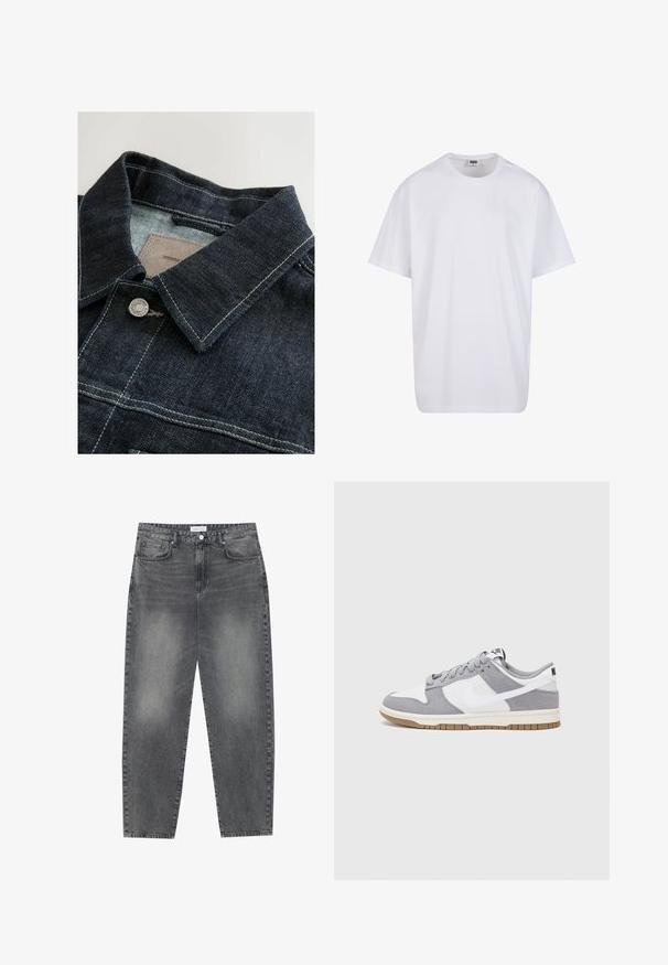 Džinsinis švarkas, pasižymintis tamsiai mėlyna spalva, smailiu apykakle, sidabriniais metaliniais mygtukais ir kontrastingais siūlais priekinėje dalyje. Tekstūruota medžiaga.; Balta medvilninė marškinėlių užsagėlė su trumpomis rankovėmis, apvaliu kaklu, laisva forma ir be matomų logotipų ar raštų. Lygi tekstūra ir minimalus dizainas.; Aukštai juosmeniu, laisvai krentančios džinsai iš blukusių juodų džinsų. Savybės: penki kišenės, diržo kilpos ir švari, tiesi kojų dizainas.; Pilka ir balta sportinė avalynė su zomšiniu ir odiniu viršumi, suapvalintu pirštu, plokščiomis raištelėmis ir guminėmis padais su guminiu akcentu.