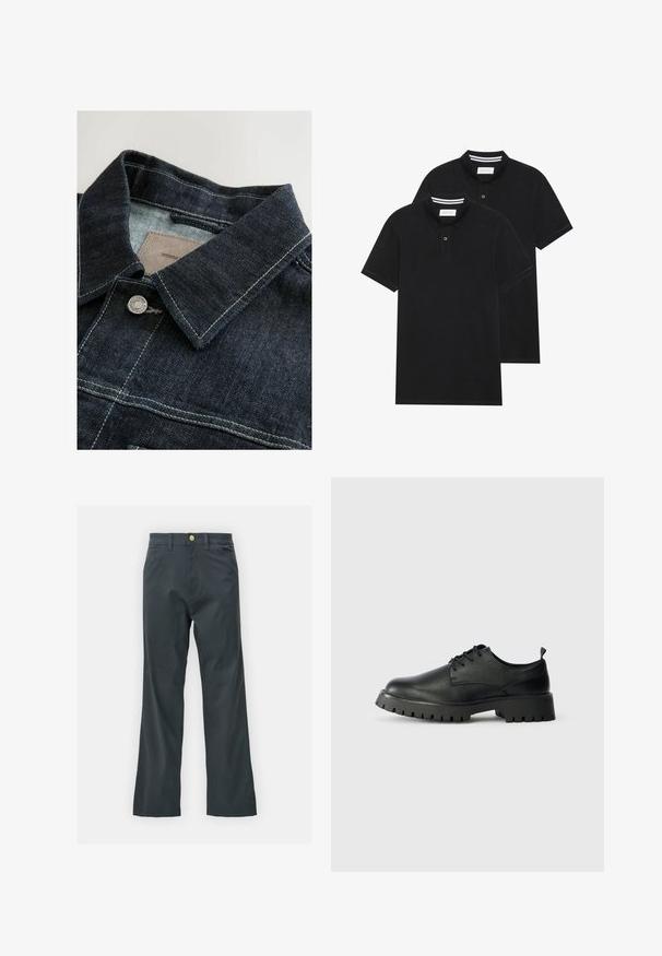 Džinsinis švarkas, pasižymintis tamsiai mėlyna spalva, smailiu apykakle, sidabriniais metaliniais mygtukais ir kontrastingais siūlais priekinėje dalyje. Tekstūruota medžiaga.; Du žaidimų juodos polo marškiniai, trumpomis rankovėmis, pagaminti iš medvilnės, su klasikinėmis apykaklėmis, dviem mygtukais priekyje ir baltais dryžiais apykaklės viduje.; Juodos kelnės su tiesiu kirpimu, pagamintos iš medvilnės mišinio. Turi metalinį mygtuką ir šonines kišenes. Be matomų raštų.; Juodos odinės bateliai su raišteliais, apvaliu pirštu, tekstūruota paviršiumi ir storu guminiais padu, turinčiu gilius protektorius geresniam sukibimui.