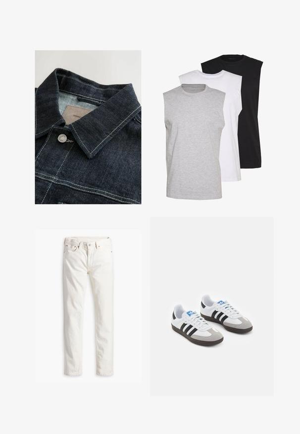 Chaqueta de mezclilla de color azul oscuro, con cuello puntiagudo, botón de metal plateado y costuras a contraste en el panel frontal. Tejido texturizado.; Tres camisetas sin mangas en gris, blanco y negro. Material de algodón suave con cuello redondo y corte relajado. Diseño simple, sin patrones.; Pantalones vaqueros de denim blanco con corte recto, cinco bolsillos, botón de cobre y remaches, y una tela texturada sutil. Sin patrones visibles.; Zapatillas deportivas con parte superior de piel blanca, puntera de ante gris y tres rayas negras. Presentan un logo azul en la lengüeta y una suela de goma texturizada.