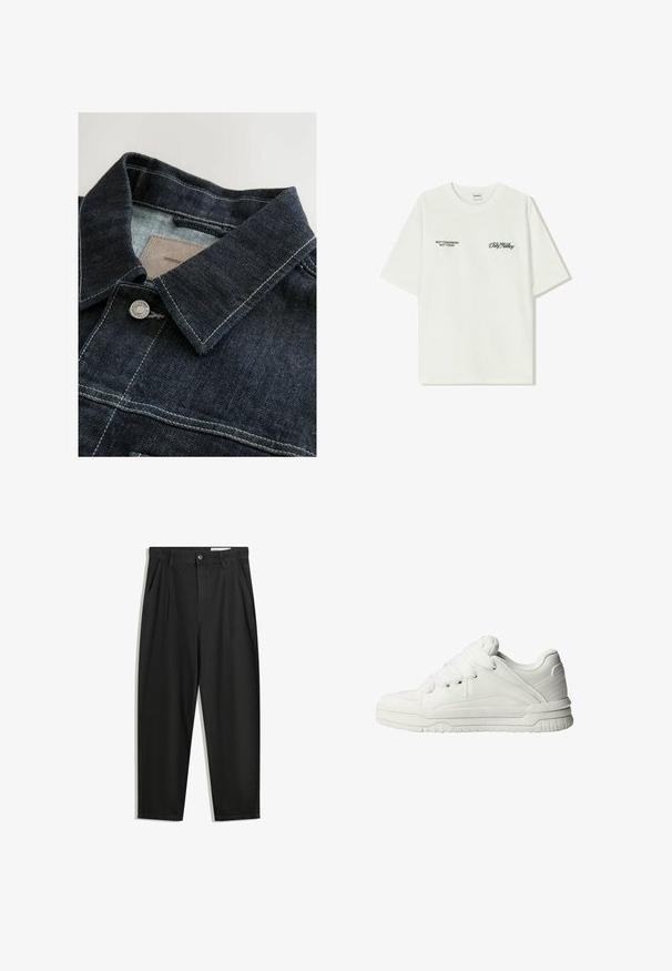 Jeans jakna v temno modri barvi, z oblikovanim ovratnikom, srebrnim kovinskim gumbom in kontrastnim šivom na sprednji plošči. Teksturirano blago.; Bela bombažna majica s kratkimi rokavi. Na sprednji strani je črn napis: "NE JUTRI NE DANES" in "UMETNOST SVETOVANJA" v zeleni pisavi.; Črne bombažne hlače s sproščenim krojem, ki vključujejo klasičen pas, sprednje gube in stranske žepke. Gladka tekstura brez vzorcev.; Bele teneške z gladkim usnjenim zunanjim delom, oblazinjenim jezikom, ravnimi vezalkami ter teksturiranimi detajli na straneh in peti.