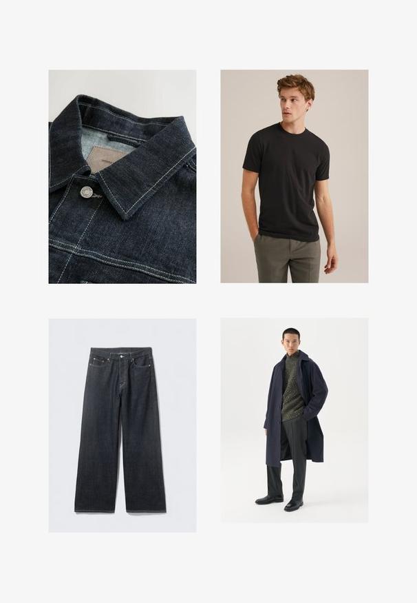 Traper jakna u tamnoplavoj boji, s oštrim kragnom, srebrnim metalnim dugmetom i kontrastnim šavovima na prednjem panelu. Teksturna tkanina.; Mladić s kovrčavom svijetlosmeđom kosom, odjeven u crnu majicu kratkih rukava i sive hlače, gleda ulijevo s rukama u džepovima.; Tamne traperice širokih nogavica tamnoplavog denima s visokom strukom, koje sadrže zakovice u bakrenoj boji i kontrastnu šav, glatku teksturu i bez vidljivih uzoraka.; Mornarska jakna s kopčanjem na gumbe, zeleni teksturirani pulover, crne hlače i crne kožne čizme. Glatka tkanina s strukturiranim oblikom.