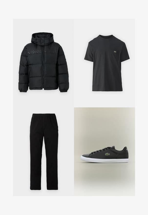 COACH PUFFER JACKET - Pūkinė striukė - black; Juodas medvilninis marškinėliai trumpomis rankovėmis, apvaliu iškirpimu ir maža žalia logo kairėje krūtinės kišenėje. Paprastas dizainas, reguliaraus pjaustymo.; Juodi kelnės, pagamintos iš medvilnės mišinio, su tiesiomis kirpimo linijomis, elastingu liemeniu su mygtuku ir be aiškių raštų ar akcentų.; Juodos odinės sportbačiai su baltais guminiais padais, turintys žalią krokodilo logotipą ir apvalias raišteles, elegantiškas dizainas su lygia tekstūra.