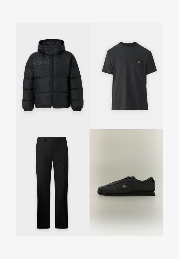 COACH PUFFER JACKET - Pūkinė striukė - black; Juodas medvilninis marškinėliai trumpomis rankovėmis, apvaliu iškirpimu ir maža žalia logo kairėje krūtinės kišenėje. Paprastas dizainas, reguliaraus pjaustymo.; Juodos pritaikytos kelnės su tiesiu kojų dizainu, pagamintos iš lygaus audinio. Savybės: plokščias priekis ir vidutinio aukščio liemuo.; Juodos žemos klasės sportbačiai su raištelių užsegimu, tekstūruotu padu ir auksiniu krokodilo logotipu šone.