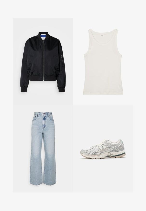 Svart bomberjacka med en slät, glansig yta. Har en framsidan dragkedja, ribbade muddar och två sidofickor med en ficka på ärmen med dragkedja.; Vit bomullstopp med vid halsringning och tunna axelremmar. Slät textur utan synliga mönster eller dekorationer.; Ljusblå denimbyxor med vida ben som har hög midja, klassisk femficksdesign och kontrasterande stygn. Ofärgad fålldetalj nertill.; Löparskon har en silver- och vit mesh-överdel med en grön detalj. Sulan är tjock och texturerad, utformad för dämpning och stöd.