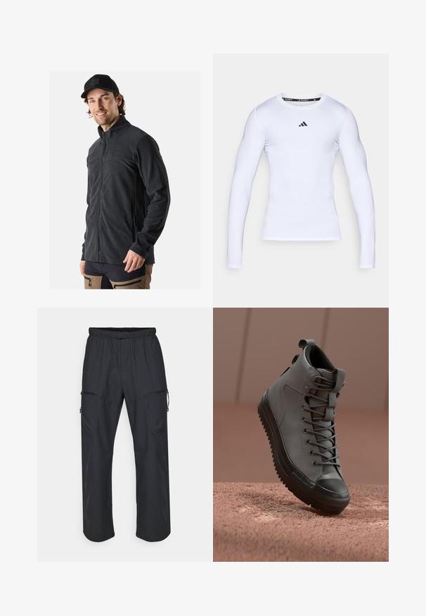 Giacca in pile nera con colletto alto, zip frontale completa e tasche laterali. Texture morbida e design aderente per il comfort.; Maglietta sportiva bianca a manica lunga realizzata in tessuto elasticizzato, con scollatura rotonda e logo Adidas nero sul petto.; Pantaloni cargo neri con vita elastica, due tasche con zip e una texture di tessuto leggera e liscia.; Sneaker alta in pelle grigia con finitura testurizzata, punta in gomma nera e lacci grigi. Presenta una linguetta sul tallone.