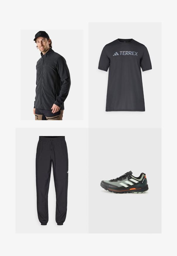 Musta fleece-takki, jossa on korkea kaulus, täysipituinen vetoketju ja sivutaskut. Pehmeä pinta ja istuva muotoilu tarjoavat mukavuutta.; Musta lyhythihainen t-paita kevyestä kankaasta, jossa on vaaleanharmaa "TERREX" -logo rinnassa ja pyöreä kaula-aukko.; Mustat urheiluhousut, jotka on valmistettu kevyestä kankaasta. Housuissa on naru vyötäröllä, sivutaskut ja kapenevat hihnat nilkoissa.; Kevyt maastojuoksukenkä, jossa on harmaa ja musta verkkokangas, oranssit yksityiskohdat ja kestävä pohja pitoon. Vesitiivis Gore-Tex-vuori.