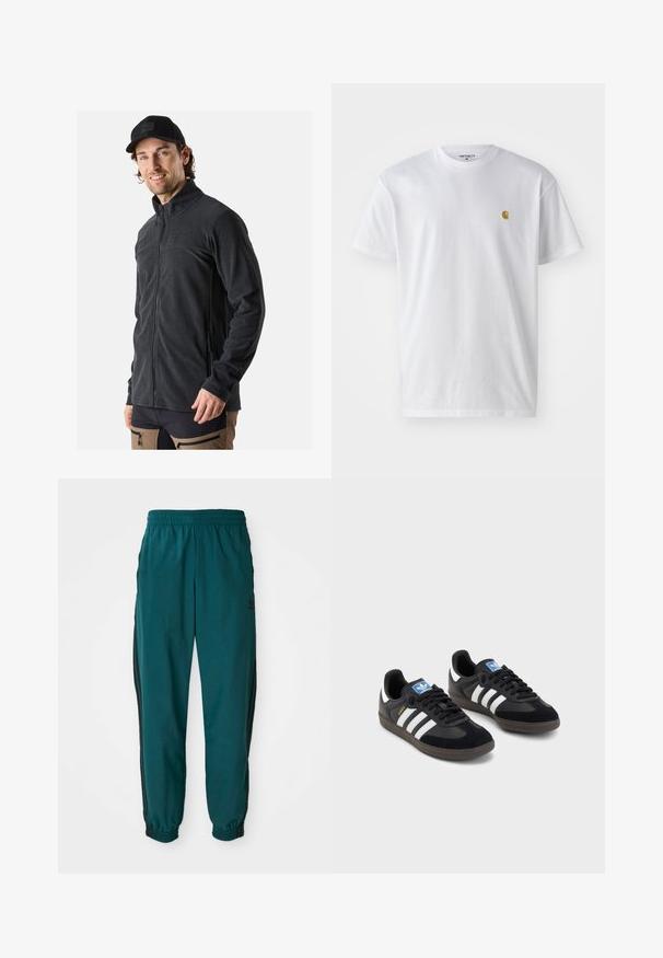 Black fleece jacket with a high collar, full front zipper, and side pockets. Soft texture and fitted design for comfort.; White cotton t-shirt with short sleeves, crew neck, featuring a small gold logo on the left chest area. Soft texture and regular fit.; Teal athletic pants with a drawstring waist, elastic cuffs, and side black stripes. Made of lightweight fabric, featuring a logo near the hip.; Black sneakers with a suede and synthetic upper, featuring three white stripes, textured rubber sole, and blue logo tag on the tongue.