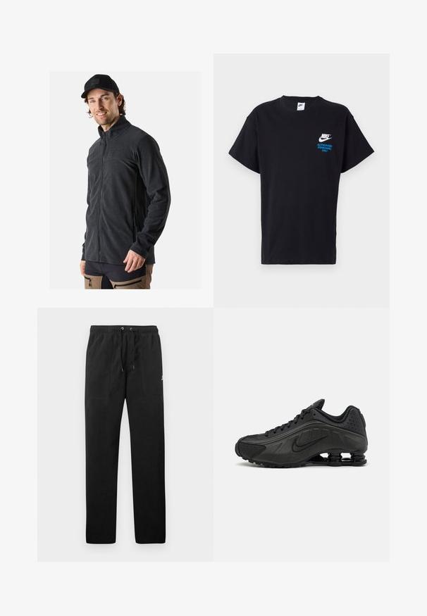 Giacca in pile nera con colletto alto, zip frontale completa e tasche laterali. Texture morbida e design aderente per il comfort.; T-shirt nera in cotone con maniche corte, caratterizzata da un logo Nike bianco e dal testo blu "PERSONALE AUTORIZZATO SOLAMENTE" sul davanti.; Pantaloni sportivi neri in felpa, dotati di cintura elastica con cordini, due tasche anteriori e un piccolo logo sulla coscia.; Scarpe da corsa nere con una parte superiore in sintetico liscio, dettagli perforati, pannelli laterali testurizzati e una suola distintiva e elastica.