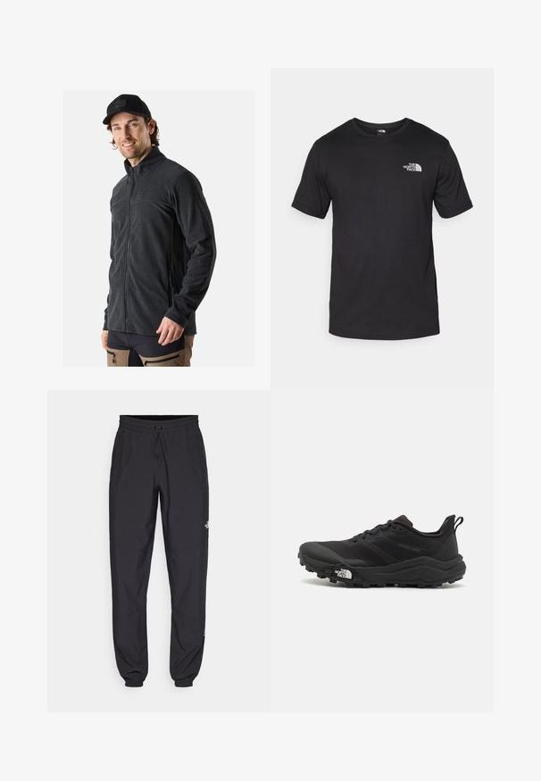 Schwarze Fleecejacke mit hohem Kragen, durchgehendem Reißverschluss und Seitentaschen. Weicher Stoff und taillierte Passform sorgen für Komfort.; Schwarzes T-Shirt mit kurzen Ärmeln aus Baumwolle, mit einem runden Ausschnitt und einem kleinen weißen Logo auf der oberen linken Brust.; Schwarze Sporthosen aus leichtem Stoff, mit einem Kordelzugbund, seitlichen Taschen und schmal zulaufenden Bündchen an den Knöcheln.; Schwarzer Trailrunning-Schuh mit strukturiertem Obermaterial, Gummisohle und verstärkter Zehenkappe. Verfügt über einen gepolsterten Kragen und eine Ziehlasche für einfaches Anziehen.