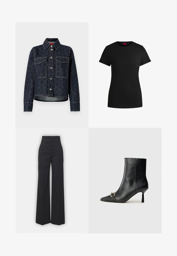 Dark blue denim jacket with a floral pattern, featuring two chest pockets, silver snap buttons, and a cropped design with a slight distressed hem.; Black cotton t-shirt with short rolled sleeves, a round neckline, and a red label. Smooth texture, fitted shape with minimal detailing.; Wide-leg trousers in black fabric with a high waistband, featuring a clean finish and smooth texture. No visible hardware or patterns.; Black leather ankle boot with pointed toe, slim mid-height heel, and silver buckle detail on side against plain background.