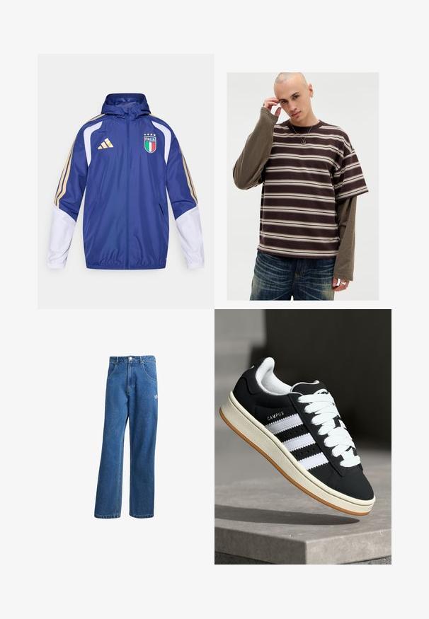 Námořnicky modrá větrovka se zlatými a bílými akcenty, má nastavitelnou kapuci, přední zip a emblém italského národního týmu.; Hnědá a béžová pruhovaná košile s krátkým rukávem a vrstvenou dlouhým rukávem. Měkká textura, uvolněný střih a kulatý výstřih. Viditelné stříbrné doplňky.; Modré vysoké široké džíny s vysokým pasem, předními kapsami, poutky na opasek, knoflíkovým zapínáním a malým logem Adidas na pravém stehně.; Černá teniska s bílými pruhy, šněrováním, texturovaným svrškem a gumovou podrážkou. Na boku je logo "CAMPUS" a gumová podrážka.