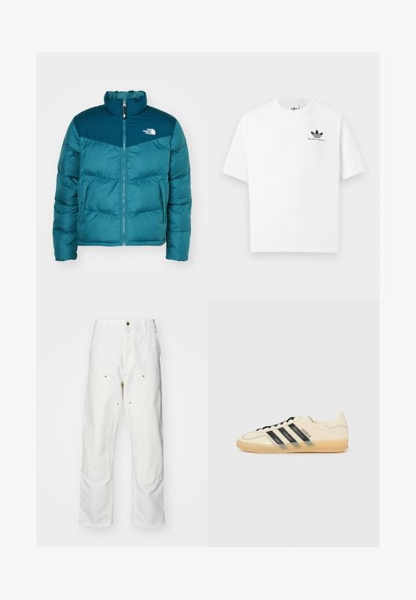 Τελούζα μπουφάν σε χρώμα τυρκουάζ με ψηλό γιακά, φερμουάρ και δύο μπροστινές τσέπες. Η επάνω τμήμα διαθέτει ένα πιο σκούρο πάνελ σε τυρκουάζ χρώμα; λογότυπο στο στήθος.; Λευκό βαμβακερό μπλουζάκι με κοντά μανίκια, που διαθέτει το μαύρο λογότυπο "BASKETBALL" και την εμβληματική τριπλή ρίγα μπροστινά.; Λευκά βαμβακερά cargo παντελόνια με χαλαρή εφαρμογή. Ενδεικτικά χαρακτηριστικά περιλαμβάνουν μπροστινές τσέπες, χρυσές λεπτομέρειες και ενισχυμένα γόνατα.; Ανοιχτόχρωμο sneakers κρέμα με μαύρες τρεις λωρίδες, υφασμάτινο επάνω μέρος, στρογγυλή μύτη και καουτσούκ σόλα. Διαθέτει κορδόνια και λογότυπο στο πλάι.
