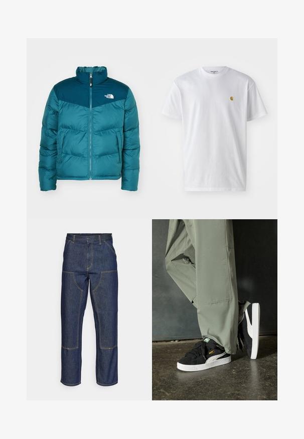 Casaco puffer verde-água com colarinho alto, fecho de zíper e dois bolsos frontais. A parte superior apresenta um painel em teal mais escuro; logótipo no peito.; T-shirt branca de algodão com mangas curtas, decote redondo, apresentando um pequeno logótipo dourado na área do peito esquerdo. Textura macia e ajuste regular.; Jeans de ganga escura com uma cintura alta, design de perna reta, costuras em contraste e bolsos de remendo na frente.; Sapatilhas de camurça pretas com solas de borracha branca e riscas laterais, combinadas com calças de carga verde claro, em pé sobre uma superfície escura e texturizada.