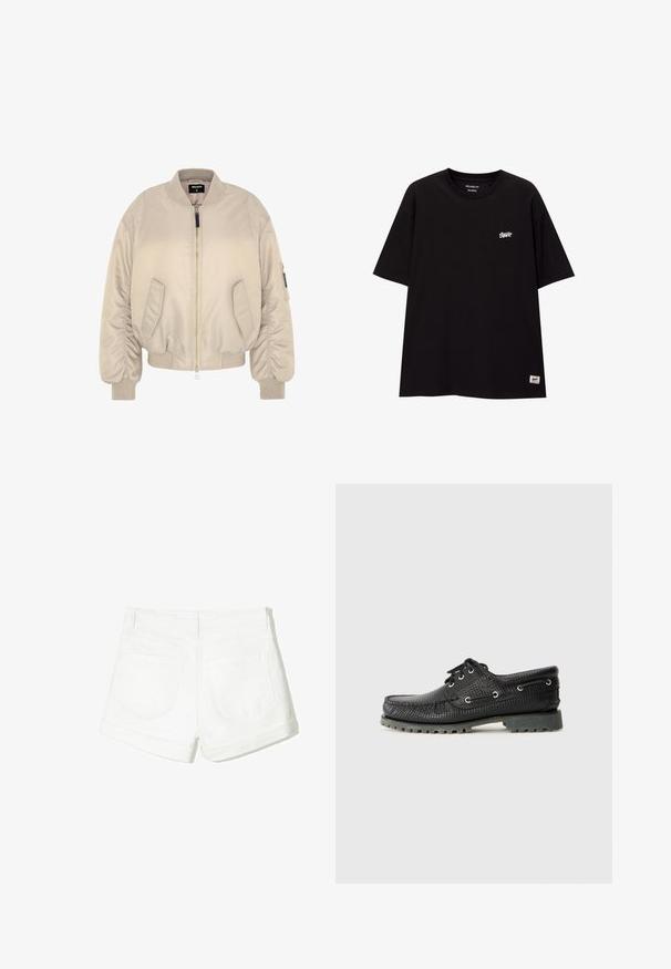 Beige bomber jacket with a zipper closure, ribbed cuffs and hem, and two side pockets. Smooth fabric with a slightly padded texture.; Mustat rento-fitsaava t-paita, joka on valmistettu puuvillasta ja jossa on lyhyet hihat. Paitassa on pieni valkoinen logo rinnassa ja etiketti alahelassa.; Valkoiset farkkushortsit, joissa on käännetty helma, kaksi takataskua ja sileä pinta. Yksinkertainen muotoilu ilman näkyviä metalliosia tai kuvioita.; Musta teksturoitu nauhakenkä pyöreällä varvalla, metalliset nauhakuopat ja kestävä harmaa kumipohja. Yläsosassa on kudottu kuvio.