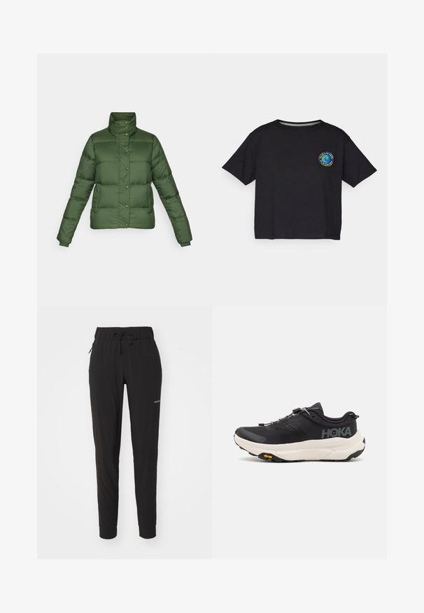 Patagonia SILENT - Pūkinė striukė - torrey pine green; Juodas medvilnės trumpomis rankovėmis marškinėliai su apvaliu multicolor logotipu ant krūtinės. Tiesus apvadas ir laisvas pritaikymas.; Juodos sportinės kelnės su elastine juosmens juosta, reguliuojamu raišteliu ir užtrauktukais šoninėse kišenėse. Minkštas, lengvas audinys su siaurėjančiomis kojomis.; Juodi sportiniai batai su kvėpuojančiu tinklo viršumi, guminėmis padais, baltu amortizuojančiu viduriu ir atspindinčiomis raištelėmis. Vibram logotipas ant padais.