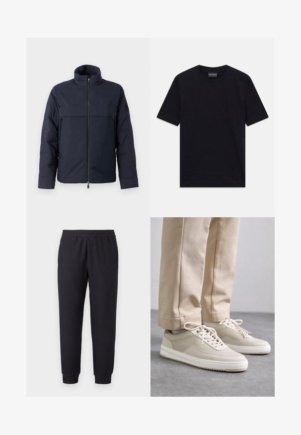 Navy puffer jacket with high collar, front zipper, and a horizontal chest pocket. Smooth fabric texture, featuring a logo on the sleeve.; Black short-sleeve crew neck T-shirt with subtle embossed pattern and brand label inside collar, laid flat on white background.; Black tapered sweatpants with elastic waistband and cuffs, featuring subtle textured pattern and side pockets.; Beige sneakers with a textured upper, white soles, and stitched accents, paired with beige trousers, displayed on a gray surface.