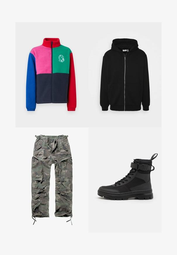 Fleecinė striukė su aukštu apykakle, užtrauktuku ir bloko spalvų dizainu raudonos, žalios, rožinės, mėlynos ir tamsiai mėlynos spalvos, su astronauto grafika.; Juodas užtraukiamas džemperis su reguliuojamu gobtuvu, priekinėmis kišenėmis, raištelių rankovėmis ir lygiu audinio paviršiumi. Viduje matoma centrinė prekės ženklo etiketė.; Balta medvilninė marškinėlių užsagėlė su trumpomis rankovėmis, apvaliu kaklu, laisva forma ir be matomų logotipų ar raštų. Lygi tekstūra ir minimalus dizainas.; Žali ir pilki kamufliažo krovinių kelnės, su keliais kišenėmis, elastingu juosmeniu, reguliuojamais kulkšnies užsegimais ir laisvu siluetu.; Juodas kulkšninis botas su tekstūruotu nailono viršumi, raištelių dizainu ir reguliuojama juosta, turintis tvirtą guminį padą, kad pagerintų sukibimą.