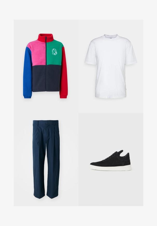 Fleecejacke mit hohem Kragen, Reißverschluss und einem Blockfarbendesign in Rot, Grün, Pink, Blau und Marineblau, mit einem Astronautenmotiv.; Weißes Baumwoll-T-Shirt mit Rundhalsausschnitt, kurzen Ärmeln und geradem Saum. Auf der linken Seitennaht befindet sich ein kleines Markenzeichen.; Marineblaue Hosen aus Baumwolle mit einem lockeren Schnitt, Frontfalten und einem flachen Bund mit Gürtelschlaufen.; Schwarze Wildleder-Sneaker mit einer weißen Gummisohle, die sich durch elegante Nähte und ein schnürbares Design auszeichnen. Glatte Textur mit einer modernen, stromlinienförmigen Form.