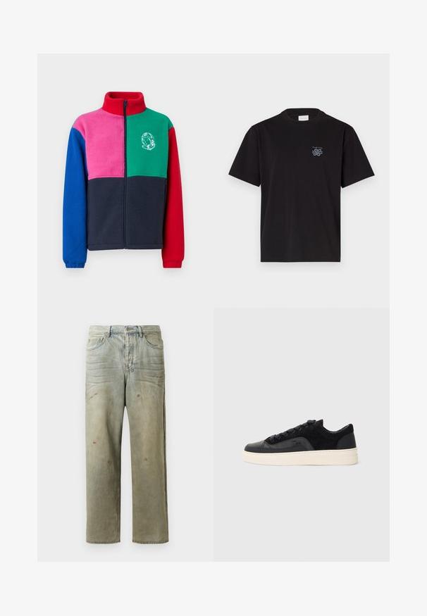 Kurtka polarowa z wysokim kołnierzem, zamek błyskawiczny oraz wzór w jednolitych kolorach: czerwonym, zielonym, różowym, niebieskim i granatowym, z grafiką astronauty.; Czarny bawełniany t-shirt z okrągłym dekoltem i krótkimi rękawami. Posiada małe niebieskie logo na lewej piersi. Prosty, prosty krój.; Zniszczone dżinsy w jasnym zielonym kolorze, z prostymi nogawkami, pięcioma kieszeniami oraz nierównomiernym blaknięciem i plamami farby.; Czarne sneakersy z kombinacją gładkiej skóry i teksturowanej zamszowej, z płaskimi sznurówkami, zaokrąglonym noskiem i kremową gumową podeszwą.