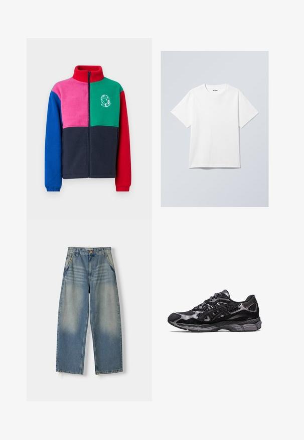 Giacca in fleece con colletto alto, chiusura con zip e design a blocchi di colore in rosso, verde, rosa, blu e blu navy, con una grafica di un astronauta.; Maglietta bianca in cotone con collo rotondo, maniche corte e vestibilità comoda. Presenta un'etichetta di marca con la scritta "WEEKDAY" sul collo.; Jeans a gamba larga in denim blu chiaro con finitura sbiadita, design a cinque tasche e orlo grezzo. Presenta una chiusura anteriore con bottone e zip.; Scarpa sportiva nera con tomaia in mesh e suede, caratterizzata da un design testurizzato e una robusta suola grigia imbottita.