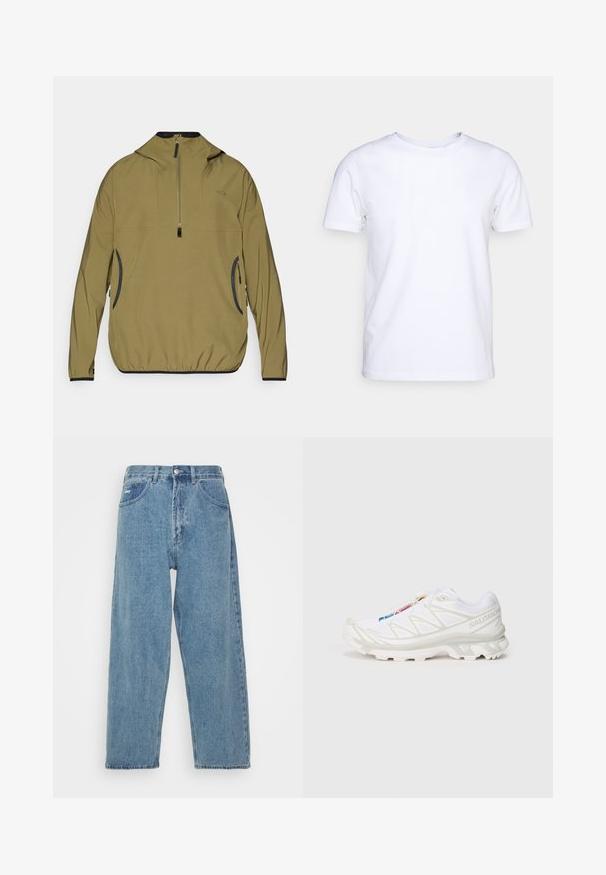 Khaki värvi pullover-jakk, millel on poolpehme lukuga kaelus, kapuuts ja elastsed mansetid. Mustad aktsendid ja külgedel lukuga taskud. Kerge, sile tekstuur.; Valge lühikeste varrukatega t-särk puuvillaste kangast, ümmarguse kaelusega. Lihtne disain, ilma mustrite ja detailideta. Sile tekstuur.; Heledsinine denimi teksad, kõrge vöökoht ja lõdvestatud istuvus, millel on kaks eesmist taskut, taga päitsipocket ja nööbiga sulgemine.; Valge sportlik jalanõud tekstureeritud võrgupealisega, peegeldavate detailidega ja pehme tallaga. Märkimisväärne brändi logo küljel.