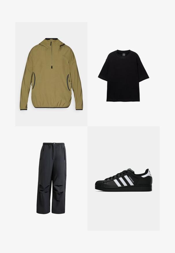 Khaki pulloverjack met een halve rits, capuchon en elastische manchetten. Heeft zwarte accenten en zijzakken met rits. Lichtgewicht, met een gladde textuur.; Zwarte T-shirt met korte mouwen, gemaakt van katoen, met een ronde halslijn en een ontspannen pasvorm. Gladde textuur met minimale stikdetails.; Zwarte, ruime broek van zacht materiaal. Voorzien van een elastische tailleband, knoopsluiting en twee zijzakken met geplooide details.; Zwarte Adidas Superstar sneaker met witte strepen, schelpneus en 'Superstar' tekst aan de zijkant, afgebeeld in zijaanzicht op een witte achtergrond.