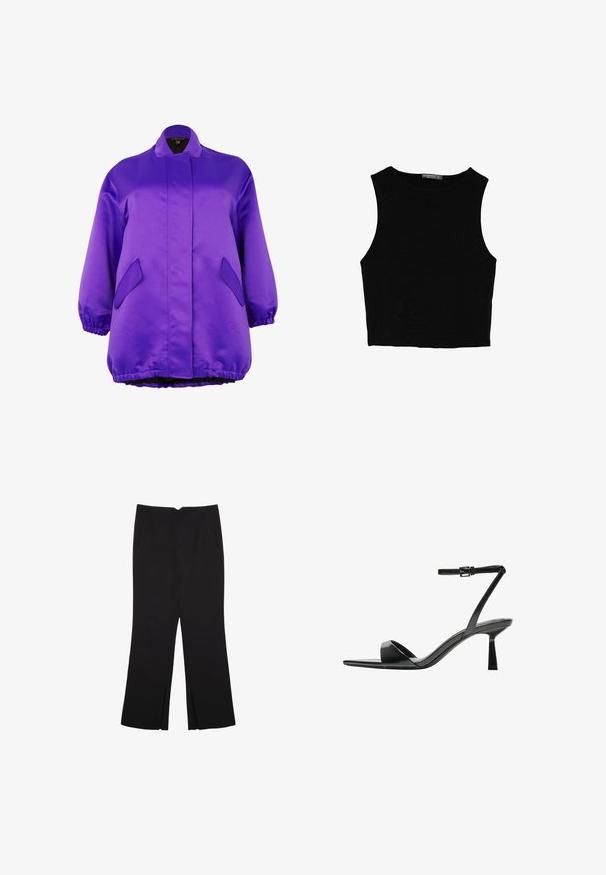 Lila Satinjacke mit Stehkragen, elastischen Bündchen und zwei schrägen Seitentaschen. Sie hat eine lockere, übergroße Passform und eine glatte Textur.; Schwarzes ärmelloses Crop-Top aus glattem Stoff, mit rundem Ausschnitt und einem klaren, schlichten Design ohne Muster oder Beschläge.; Schwarze Hose mit geradem Schnitt, ausgestattet mit Fronttaschen und Seitenschlitzen am Saum. Hergestellt aus weichem, glattem Stoff. Geeignet für verschiedene Anlässe.; Bershka High Heel Sandalette - black
