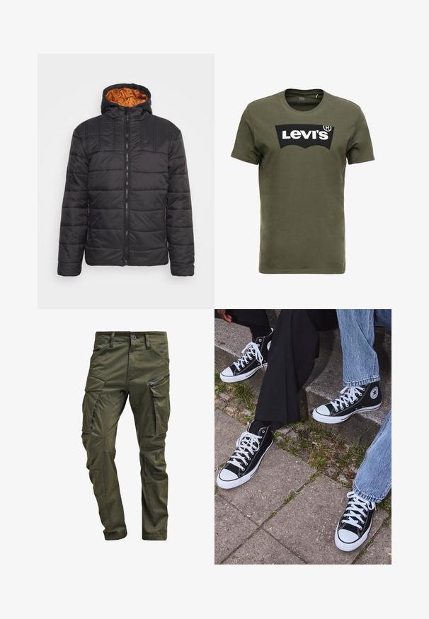 Blend BHOUTERWEAR - Giacca invernale - black; T-shirt di cotone verde oliva con un grande logo nero di Levi's sul davanti. Collo girocollo classico e maniche corte, consistenza liscia.; Pantaloni cargo verde oliva realizzati in cotone robusto. Presentano numerose tasche, una tasca laterale con zip e gambe affusolate con una finitura leggermente strutturata.; Sneakers alti neri in tela con suole e lacci bianchi, dotati di un logo circolare di lato e abbinati a pantaloni in denim e neri.