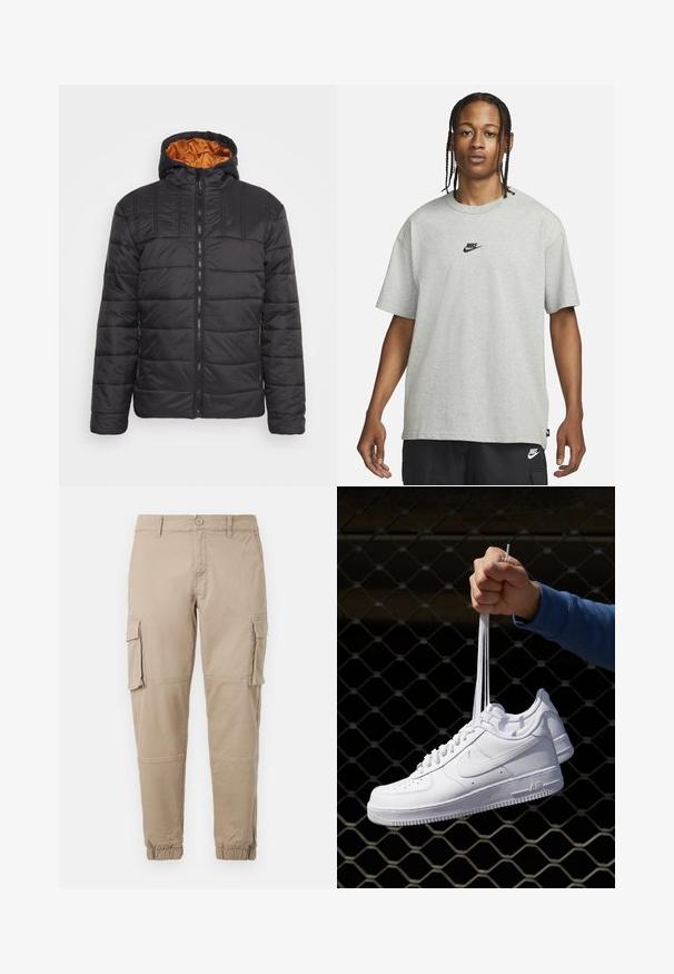 Blend BHOUTERWEAR - Zimná bunda - black; Mladý človek s vrkôčikmi, oblečený v svetlošedé tričko Nike a čierne šortky Nike, na pozadí bielej steny.; Béžové cargo nohavice vyrobené z ľahkej bavlny. Majú elastické manžety, viacero bočných vreciek a zapínanie na gombík.; Biele kožené tenisky s perforáciami, okrúhlou špičkou, plochou podrážkou a hrubými šnúrkami, pričom majú viditeľné logo swoosh a nápis "AIR" na päte.