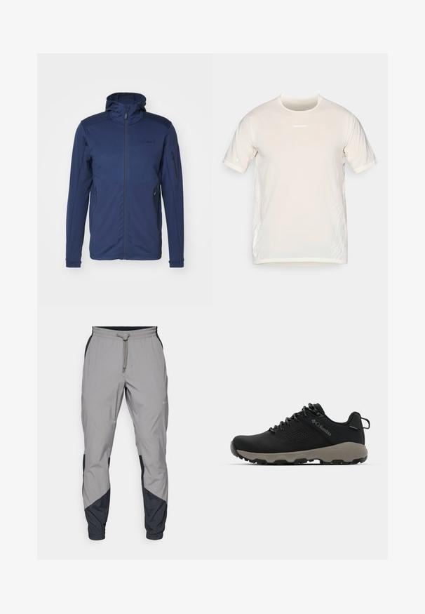 Tumedas sinine jakk koos täispika tõmblukuga, reguleeritava kapuutsiga ja kahe tõmblukuga taskuga. Sile tekstuur, kontrastsete õlapaneelidega.; Beež Salomoni lühikeste käistega spordit-särk ümmarguse kaelusega ja õrnade valgete graafiliste joontega külgedel.; Kergedatud hallid sportlikud püksid mustade aktsentidega. Elastne vöökoht, stringiga sulgemine, kitsenev jala disain ja küljetaskud.; Mustad matkajalanõud musta ülemise osaga, sileda pinnaga, perforatsiooni disainiga, hallal väljal ja tugevdatud kontsaga. Omab paelu ja tõmbetaba lihtsaks selga panemiseks.