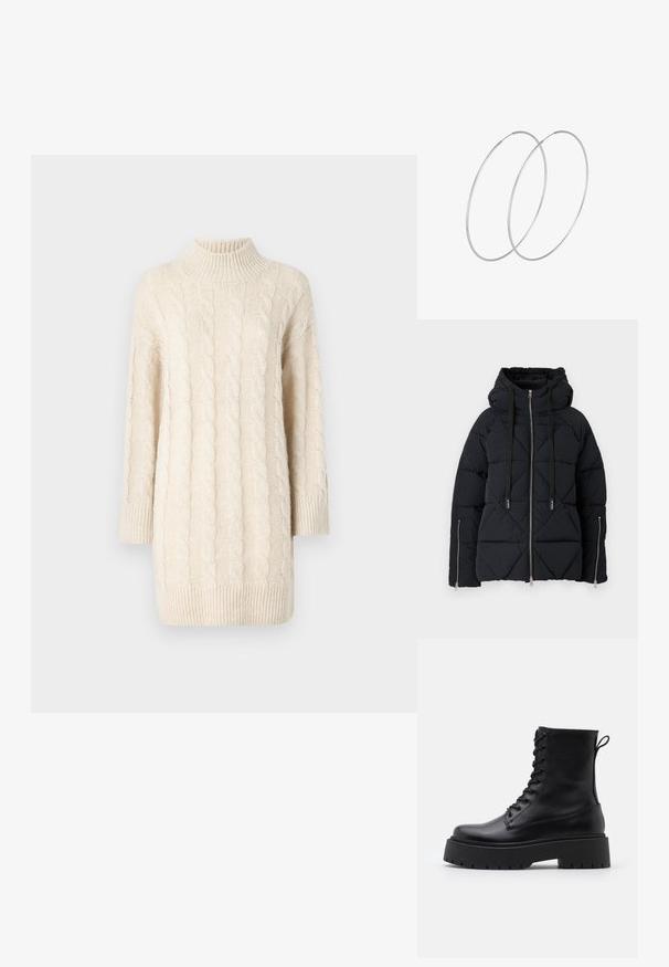 Sort pufferjakke med diamantquiltmønster, hætte, justerbare snore og to forreste lynlåslommer. Sølv lynlåse fremhæver designet.; Cremefarvet kabelstrikket sweater med høj krave, trekvartærmer og ribbet kant. Har teksturerede mønstre og en løs pasform.; Sorte læder ankelstøvler med rund tå, snørebånd foran og en tyk gummisål med struktureret slidbane. Hæfteløkke bagpå.; Sølvøreringe med et minimalistisk design. Cirkulær form, glat tekstur og tynd profil. Letvægtige med en poleret overflade.