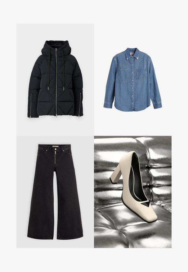 Svart boblejakke med diamantquiltet mønster, hette, justerbare snor og to frontlommer med glidelås. Sølvglidelåser fremhever designet.; Lyseblå denimskjorte med lange ermer, spiss krage, to brystlommer og kontrasterende søm. Har et vestlig stil yoke-design.; Vide benbukser i sort denim med glidelås i front, fem-lomme design og subtile sømdetaljer. Glatt tekstur og avslappet stil.; Kremfarget lærhøyskoinn med firkantet tå, med en svart trekantet aksent og en chunky hæl på en metallisk sølvoverflate.