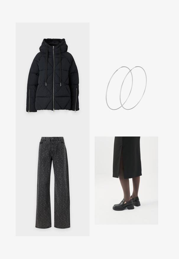 Čierna nafúkaná bunda s diamantovým prešívaním, kapucňou, nastaviteľnými šnúrkami a dvoma prednými zipsovými vreckami. Strieborné zipsy dopĺňajú dizajn.; Biela bezrukávová tielko vyrobené z rebrovanej látky, s okrúhlym výstrihom a priliehavým strihom, s minimálnymi švami a bez ozdôb.; Noisy May NMJANNEL LOOSE - Džínsy voľného strihu - black denim; Čierne kožené topánky s okrúhlou špičkou, silným blokovým opätkom a elastickými bočnými akcentmi, skombinované s tmavými pančuchami a čiernou sukňou so štiepením.; Strieborné kruhové náušnice s minimalistickým dizajnom. Cirkulárny tvar, hladký povrch a tenký profil. Ľahké s lesklým povrchom.