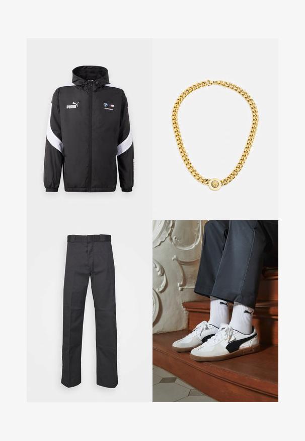 Zwarte windbreaker jas met een capuchon, voorzien van witte accenten en het Puma- en BMW Motorsport-logo op de voorkant. Lichtgewicht, gladde textuur.; Rood-zwart gestreept voetbalshirt met witte kraag. Bevat het Puma-logo, de tekst "Emirates Fly Better" en het AC Milan-clubembleem op de borst.; Zwarte broek van duurzaam materiaal, met een rechte pijpdesign, een tailleband met riemlussen en naden voor extra textuur.; Puma sneakers in wit en zwart suède, met een bruine rubberen zool. Gecombineerd met witte sokken met een zwart logo, gedragen met donkere broek.; Gouden ketting met grote onderling verbonden schakels, met een ronde hanger in het midden met een verhoogd embleem.