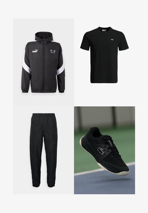 Must värviga tuulejope koos kapuutsi ja valgete detailidega, esiküljel Puma ja BMW Motorsporti logo. Kergete ja siledate tekstuuridega.; Must musta T-särk ümarate kaelustega, lühikeste varrukatega ja väikese rohelise krokodilli logoga vasakul rinnal. Sile tekstuur, igapäevane disain.; Mustad mustus sportpüksid, mis on valmistatud kergetest materjalidest, elastse vöökoha ja sääreotsadega, sujuva tekstuuri ja minimaalsete brändingu detailidega.; Must mustus jalanõud mustritega ülemise osa ja siledate aktsentidega, valge logo, nöörimise disain ja paindlik kummist välistald.