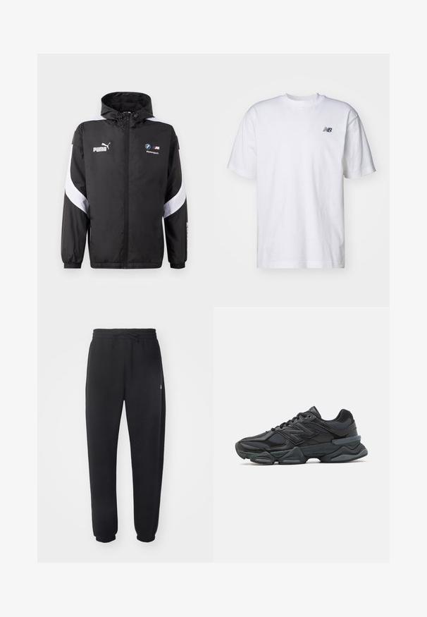 Czarna kurtka przeciwwiatrowa z kapturem, z białymi akcentami oraz logo Puma i BMW Motorsport z przodu. Lekka, gładka w dotyku.; Biała, krótka koszulka z okrągłym dekoltem z krótkim rękawem z małym czarnym logo New Balance na lewej piersi na jednolitym tle.; Czarne dresy wykonane z miękkiego materiału, z elastycznym pasem, sznurkiem i zwężanymi mankietami, z subtelnym logo po boku.; Czarne buty biegowe z mieszanką siateczki i materiałów syntetycznych, masywną podeszwą, opływowym kształtem oraz wyraźnym brandingiem z boku.