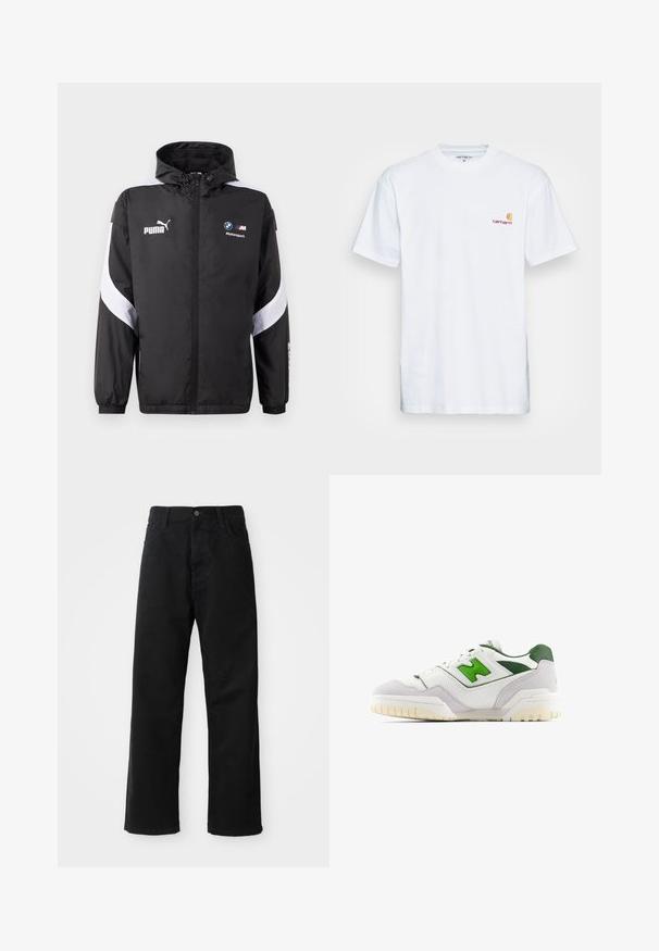 Black windbreaker jacket with a hood, featuring white accents and Puma and BMW Motorsport logos on the front. Lightweight, smooth texture.; White cotton t-shirt with short sleeves. Designed with a small orange and maroon logo on the left chest. Features a classic crew neck.; Black denim pants with a straight cut, featuring front pockets, a zip fly, and a single top button. Textured fabric with a matte finish.; White sneaker with green accents, made of leather and suede. Features a textured upper, padded collar, and a rubber sole with visible tread.