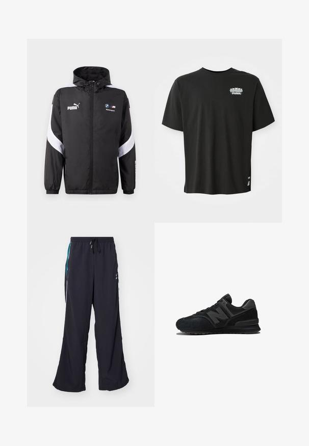 Musta tuulitakki hupulla, jossa on valkoisia yksityiskohtia ja Puma- sekä BMW Motorsport -logot edessä. Kevyt, sileä pinta.; Mustat lyhythihaiset T-paidat, joissa pieni "RIPNDIP PUMA" -teksti ja viisi kissanpäätä graafisesti vasemmassa ylärinnassa.; Puma PLAY PARIS TRACK PANTS - Verryttelyhousut - black; Mustat sneakerit, joissa on samettinen ja verkkomateriaali päällinen, paksu pohja ja näkyvä 'N' logo sivulla. Raikas rakenne, jossa on nauhakiristys.