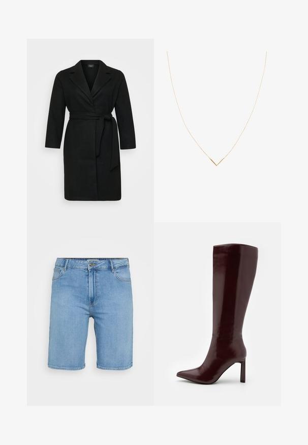 Zwarte wikkeljas met een strikceintuur, lange mouwen en reverskraag. Gemaakt van zachte stof met een gladde textuur.; Witte button-up shirt met een kraag, een enkel vak aan de linkerkant van de borst, lange mouwen met knopenmanchetten en een gebogen zoom. Gemaakt van katoen.; Lichtblauwe denim shorts met een klassieke snit, voorzien van een knoopsluiting aan de voorkant, riemlussen en twee zijzakken. Gladde textuur en rechte zoom.; Even&Odd Laarzen - dark red; Gouden ketting met een dunne schakel en een V-vormige hanger. Slank ontwerp met een gladde, gepolijste afwerking en minimale details.