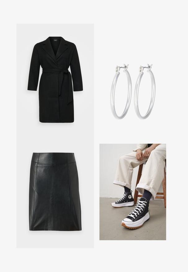 Schwarzer, wickelartiger Mantel mit einem Bindegürtel, langen Ärmeln und Reverskragen. Hergestellt aus weichem Stoff mit glatter Textur.; Weißes, geripptes Tanktop mit runder Ausschnittform und ärmellosem Design, ausgestattet mit einem geraden Saum und einer glatten, dehnbaren Textur.; Schwarzer Lederrock mit taillierter Passform. Glatte Textur, Nähte, die die Form betonen, und ein gerader Saum. Minimalistische und elegante Optik.; Schwarze High-Top-Sneaker mit weißen Schnürsenkeln und Gummikappe. Dicke weiße Sohle mit braunem, strukturiertem Außensohlenprofil, kombiniert mit navyblauen gestreiften Socken.; Silberne Creolen mit einer glatten, polierten Oberfläche. Runder Form und sicherem Klickverschluss. Leichtes Design, geeignet für den täglichen Gebrauch.