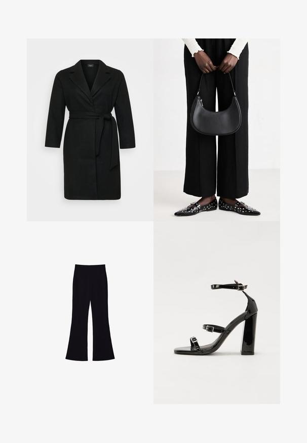 Čierny kabát vo štýle prehozu s opaskom, dlhými rukávmi a klopovým golierom. Vyrobený z mäkkej látky s hladkou textúrou.; Čierny bezrukávový top vyrobený z hladkej tkaniny, s okrúhlym výstrihom a priliehavým strihom bez viditeľných vzorov alebo ozdôb.; Čierne široké nohavice s vysokým pásom a bez viditeľných vreciek alebo gombíkov, zobrazené na bielom pozadí.; Čierne lakované sandále na podpätku so štvorcovou špičkou, navlečenými remienkami okolo členku a striebornými prackami. Disponujú masívnym blokovým podpätkom pre stabilitu.; Čierna kožená taška cez rameno s oblejším tvarom, lesklým povrchom a striebornými kovovými doplnkami. Osoba oblečená v čiernych nohaviciach s širokými nohavicami a ozdobených mokasínach.