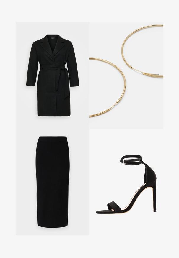 Abrigo negro estilo envolvente con cinturón de lazo, mangas largas y cuello solapa. Hecho de una tela suave con una textura lisa.; Tres camisetas de manga larga apiladas: negra, gris y blanca. Cada una tiene un escote redondo y un diseño recortado con una tela suave y ligera.; Falda midi de punto negra con una silueta ajustada, que presenta una cintura elástica ancha y una textura suave, sin patrones o acentos discernibles.; Sandalias de tacón alto de ante negro con un diseño de tiras simple, puntera abierta y una correa en el tobillo con un hebilla plateada.; Pendientes de aro color dorado, delgados y redondos, con un acabado metálico suave y sin adornos ni patrones.
